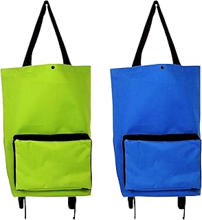2 Pieces Collapsible Trolley Bags, 2 In 1 Foldable Shopping Bag, Collapsible Shopping Trolley, Oxford Cloth Shopping Bags For Grocery, Vegetables, Supermarket Shopping With 2 Wheels(Blue+Green)