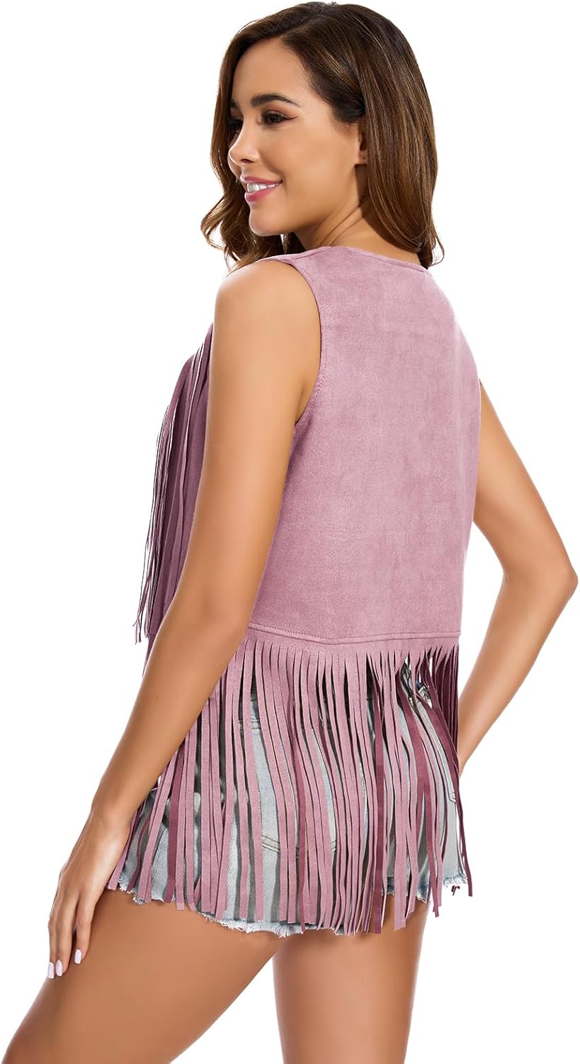 Women's Fringe Vest 60s 70s Hippie Vest Sleeveless Cowgirl Western Faux Suede Tassel Leather Jacket Hippie Party - Image 2