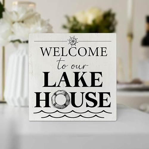 Miniatura 4 de Letrero rústico de madera con texto en inglés "Welcome to Our Lake House", letrero de madera para escritorio, caja de placa de bloque de madera con