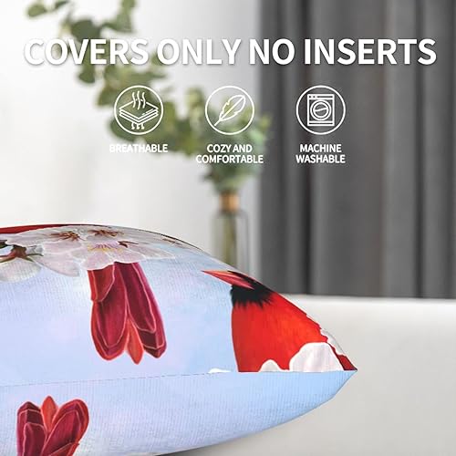 Miniatura 9 de Perinsto Juego de 2 fundas de almohada decorativas de pájaros cardenales de primavera con flores de cerezo fundas de cojín suaves para sofá cama