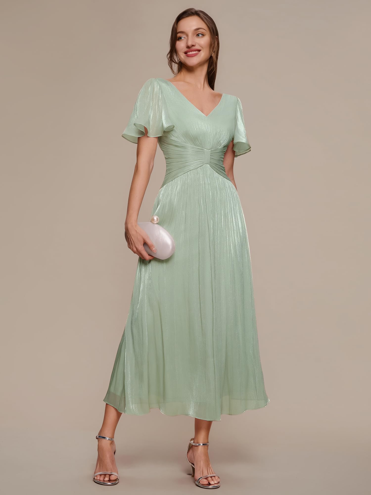 Ever-Pretty Kleid für Hochzeitsgäste Midi Sommer Kurzarm Abendkleider EG02770