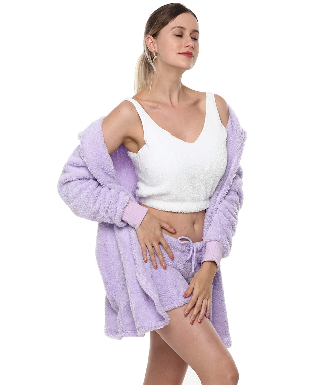 VNVNE Womens Sexy Fuzzy Warm Sherpa Fleece 3 Piece Outfit Fleece Coat Jacket Outwear and Spaghetti Strap Crop Top Shorts Set: Medium Purple