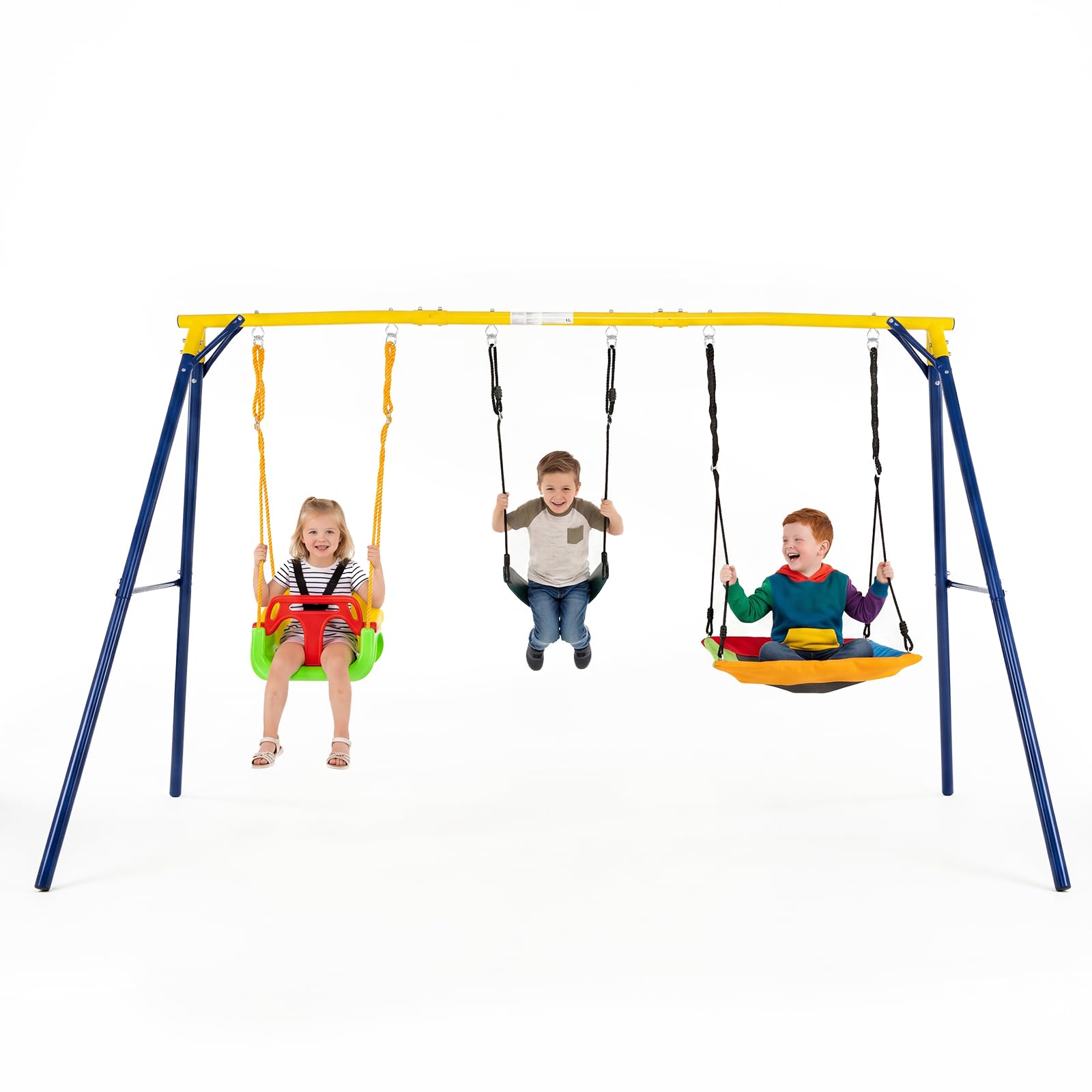 Maxmass 3 in 1 Kids Swing Set, Garden Swing Frame with Platform & Belt & Baby Swings, Outdoor Metal Swings Children Playground Playset for 3-10 Years Old (346 x 182 x 186cm, 150kg Weight Capacity)