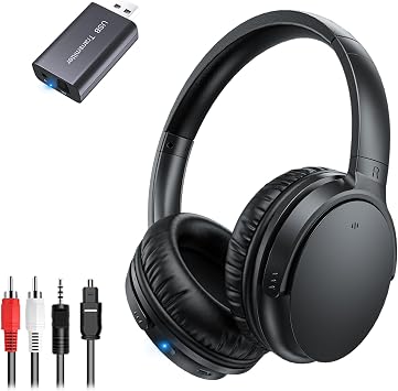 Wireless TV Headphones for Seniors, AptX Low Latency, One Button Design Over-Ear TV Headset with USB Transmitter Optical/RCA/AUX/USB, Louder & Clearer for Hard of Hearing, 20H Playtime, Plug & Play