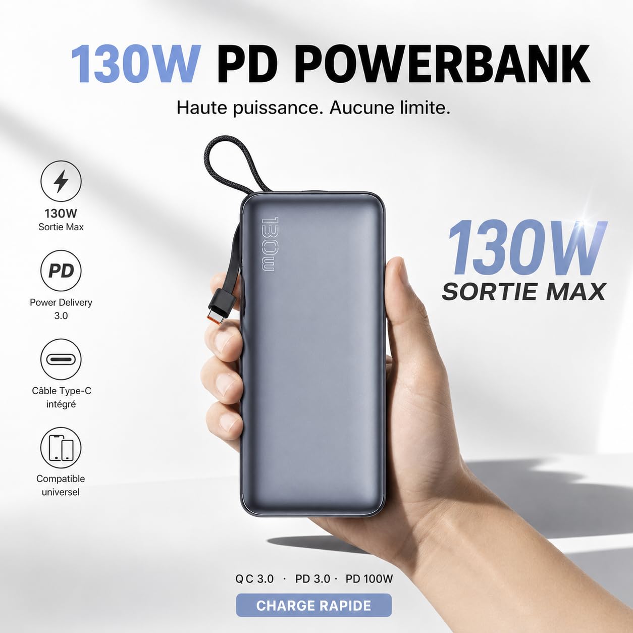 SLUB Batterie Externe 26 800 mAh 100 W, câble USB-C intégré, écran LED
