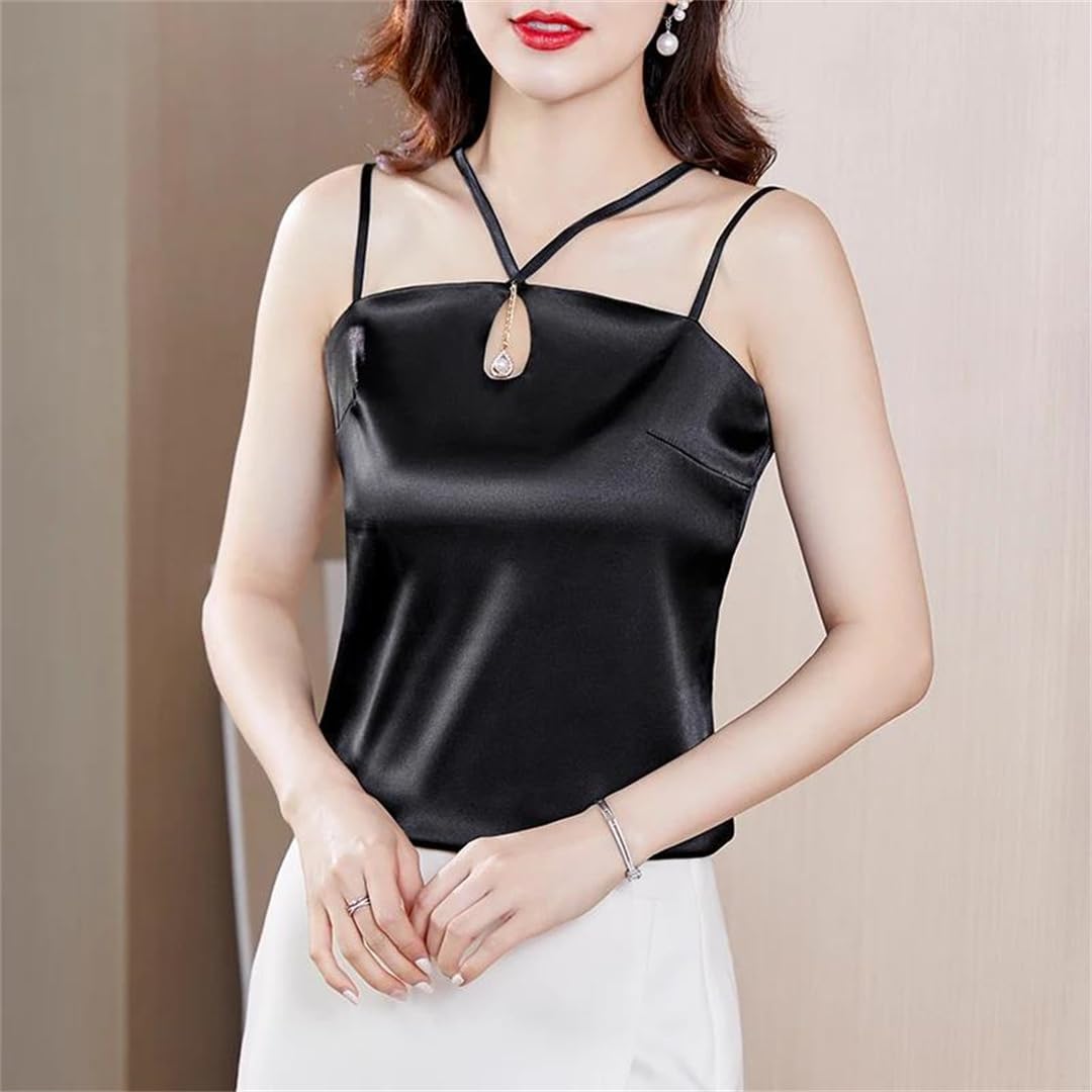 Camicie da donna in seta con ciondolo ritagliato in raso canotte allent