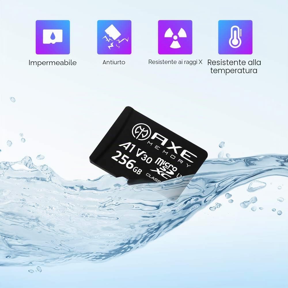 AXE MEMORY Scheda Micro SD 256 GB, Memoria MicroSDXC per Nintendo-Switch, GoPro, Drone, Smartphone, Tablet, 4K Ultra HD, A1 UHS-I U3 V30 C10, Lettura Fino a 95 MB/s, con Adattatore SD