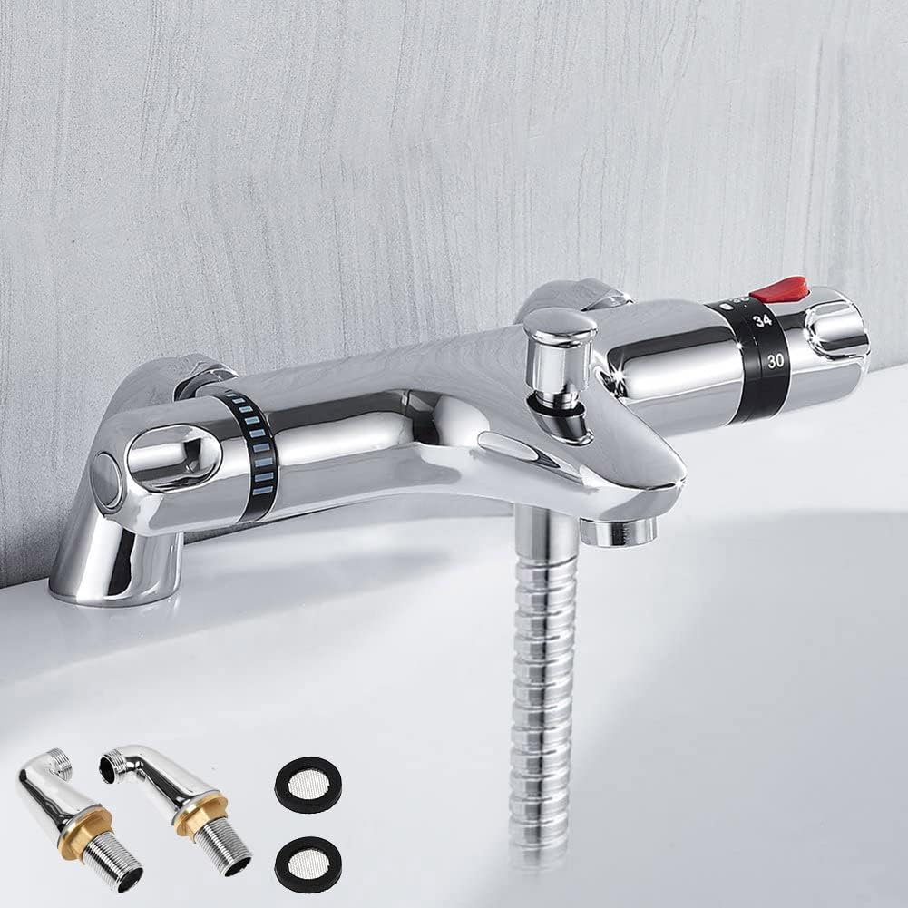 Thermostatic Bathroom Taps Modern Shower Mixer Valve Bar Anti Scald Tap with Bath Filler Spout Solid Brass (Deck Mounted)