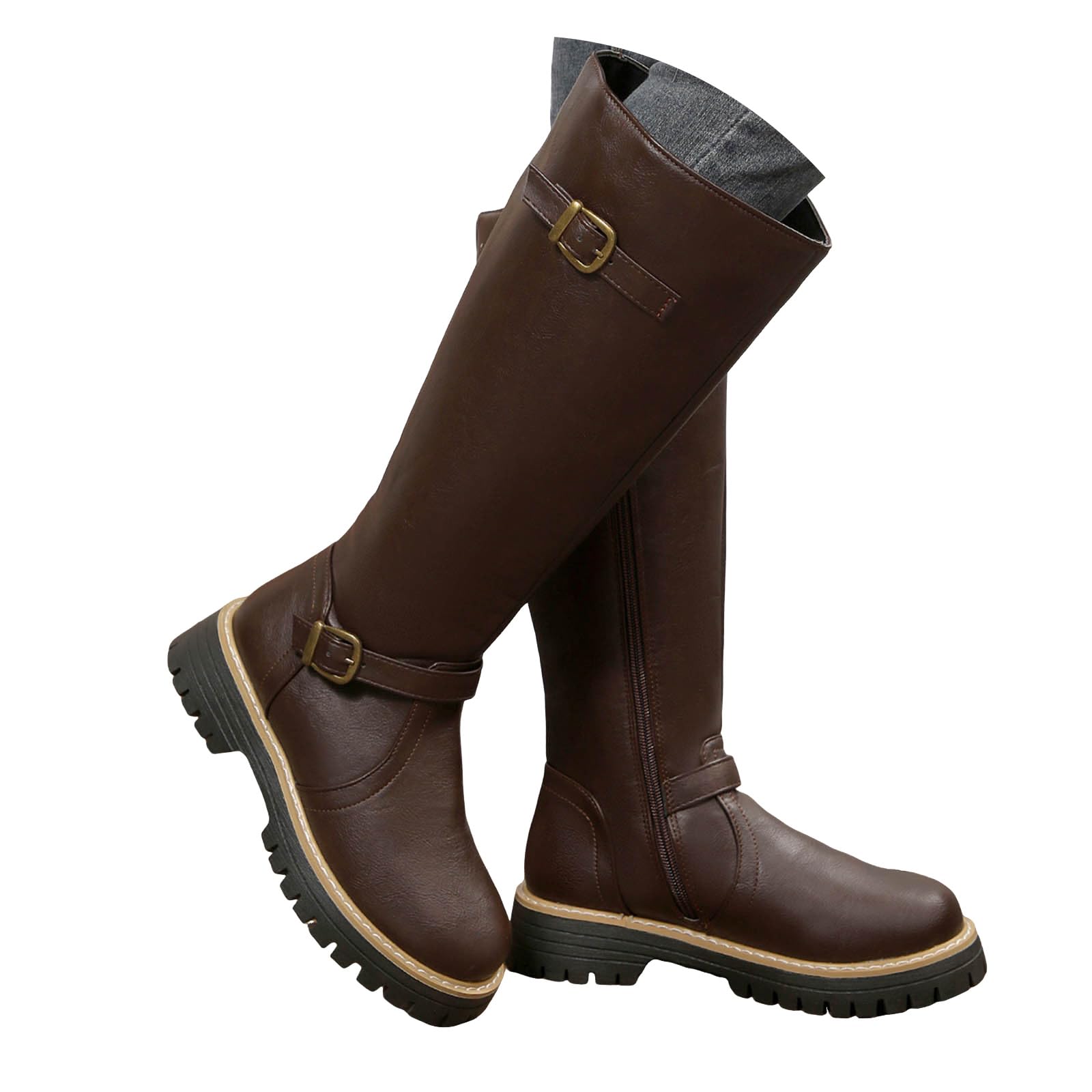 ZSpzx Women Riding Knee High Boots Wide Calf Leather Buckle Straps Knight Boots Chunky Block Heels Round Toe