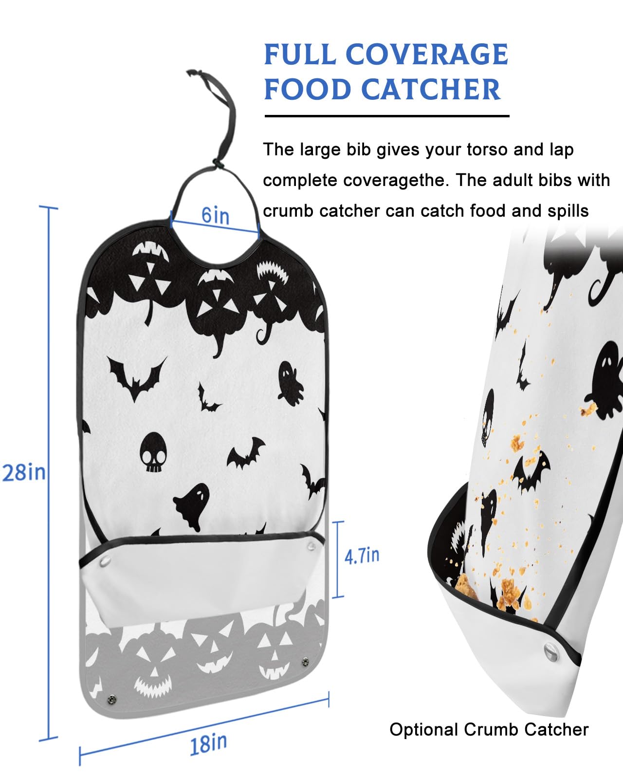 LEOKOTI Halloween Adult Bibs for Eating, Waterproof Bibs with Food Catcher & Adjustable Snap Closure, Black and White Bat Pumpkin Ghost Washable Clothing Protectors Adult Bibs for Elderly Women/Men