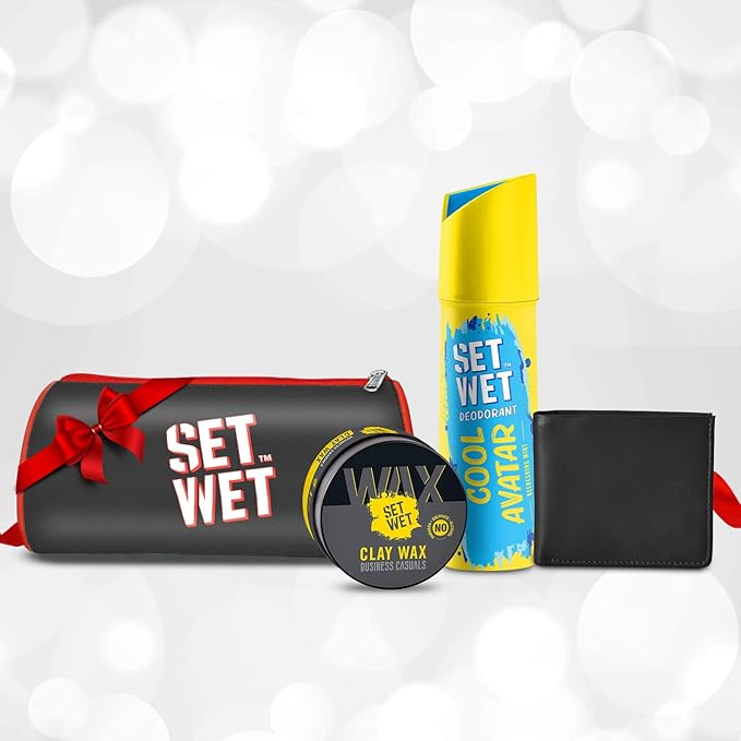 Buy SET WET Styling Gift Kit For Men- Clay Wax(60g)+Cool Avatar Deo (150ml) + Wallet at Rs. 308