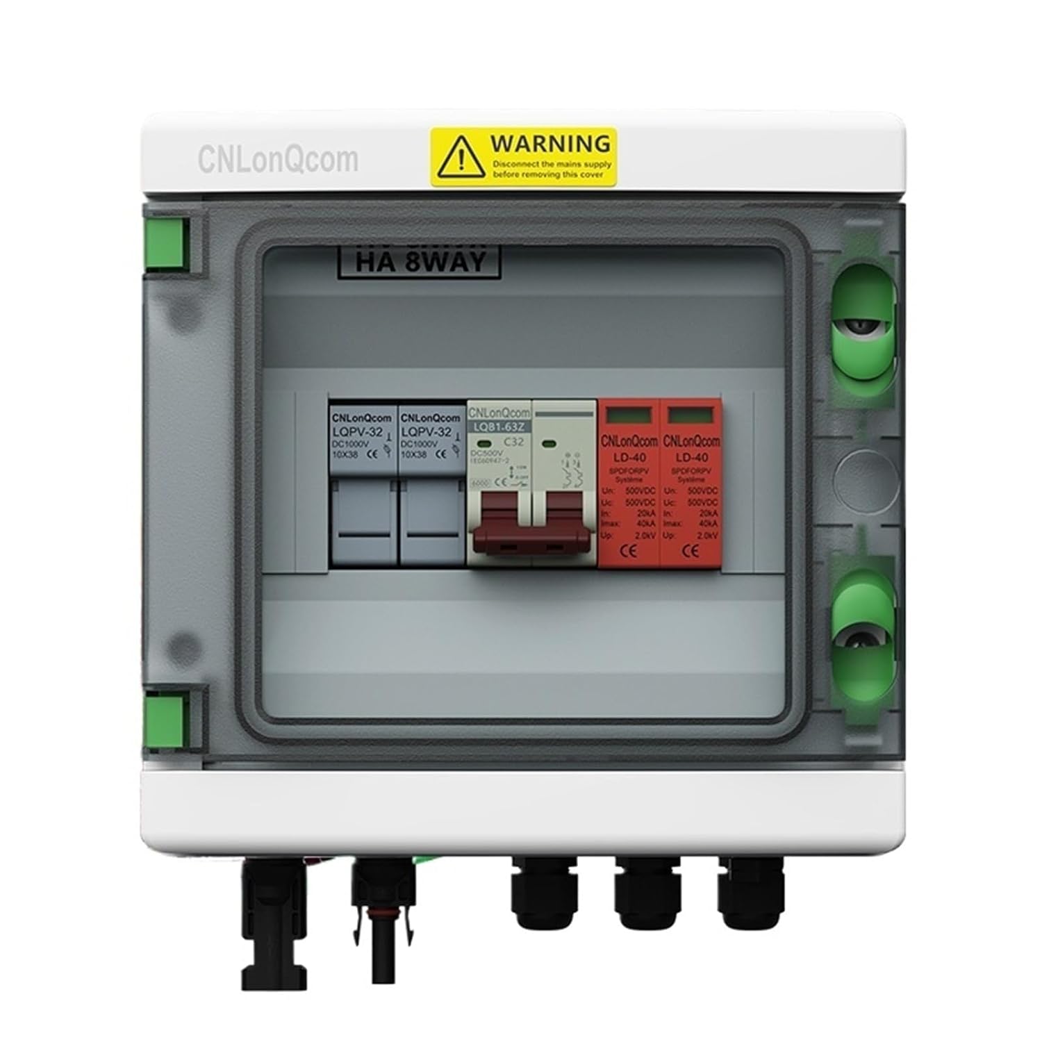 PV Array Combiner Box DC 500V 1in 1out IP65 PC/ABS with Circuit Breaker and DC Fuse for Solar Panel(Max Output 1x63A,Max Input 1x15A)