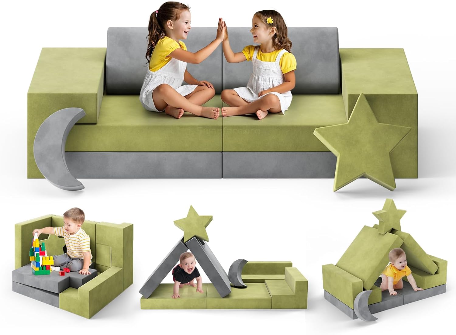 Lischwert Kids Couch, Modular Kids Play Couch, Child Sofa for Girls Boys, Toddler Sectional Sofa with Building Fort, Convertible Foam Playhouse for Baby Indoor Outdoor (9, Green Grey)