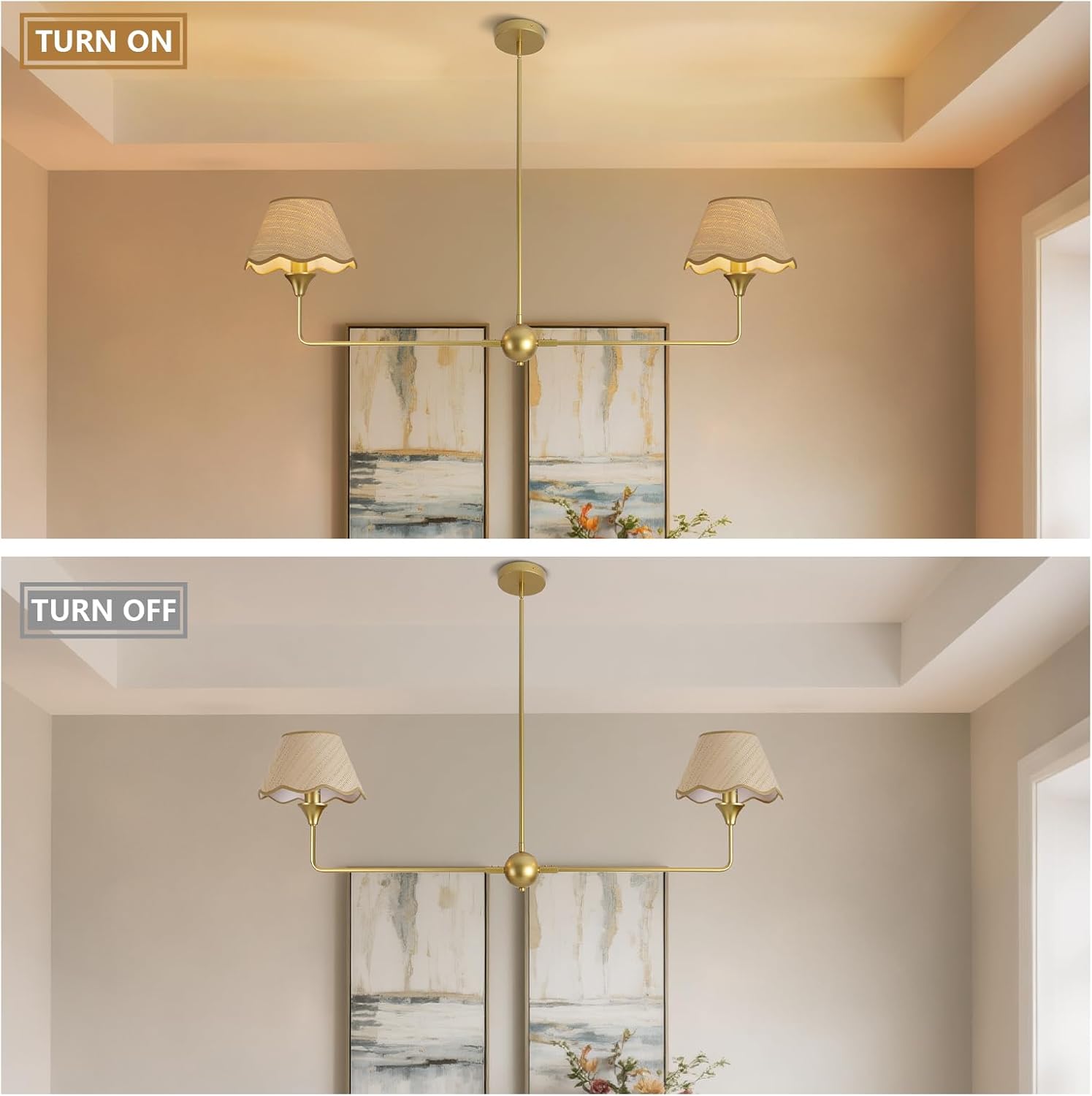 Gold Linear Chandelier 2 Lights Linear Dining Room Light Fixture 47" Boho Rattan Pendant Light with Hand-Woven Shade Rustic Farmhouse Chandelier for Kitchen Island Living Room