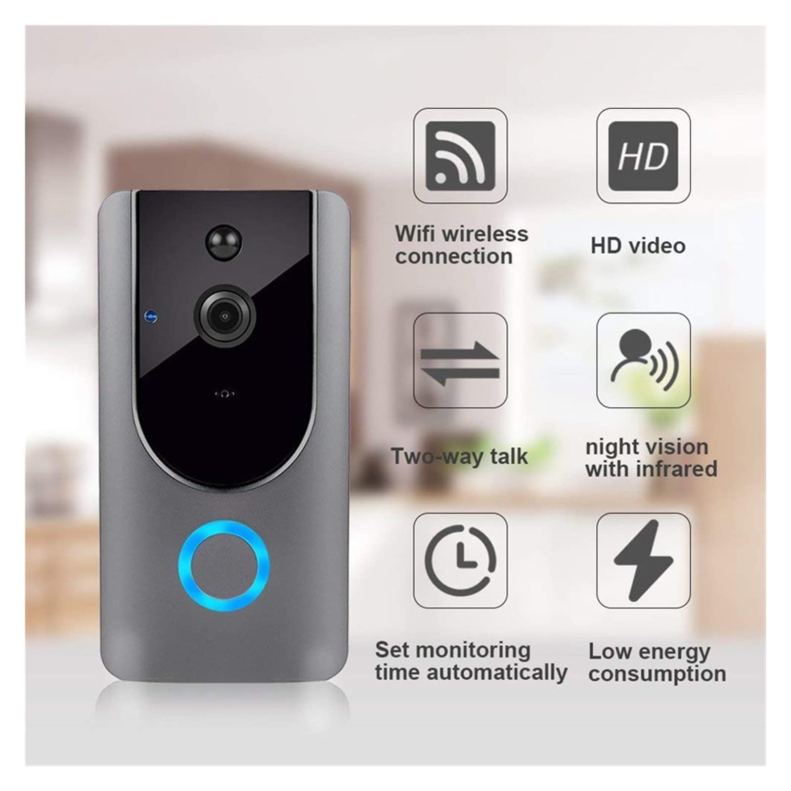 Telecamera campanello senza fili, campanello video wireless per casa intelligente, anello HD 720P, fotocamera 1.0 MP, visione notturna, audio bidirezionale, app telefono, allarme PIR a distanza