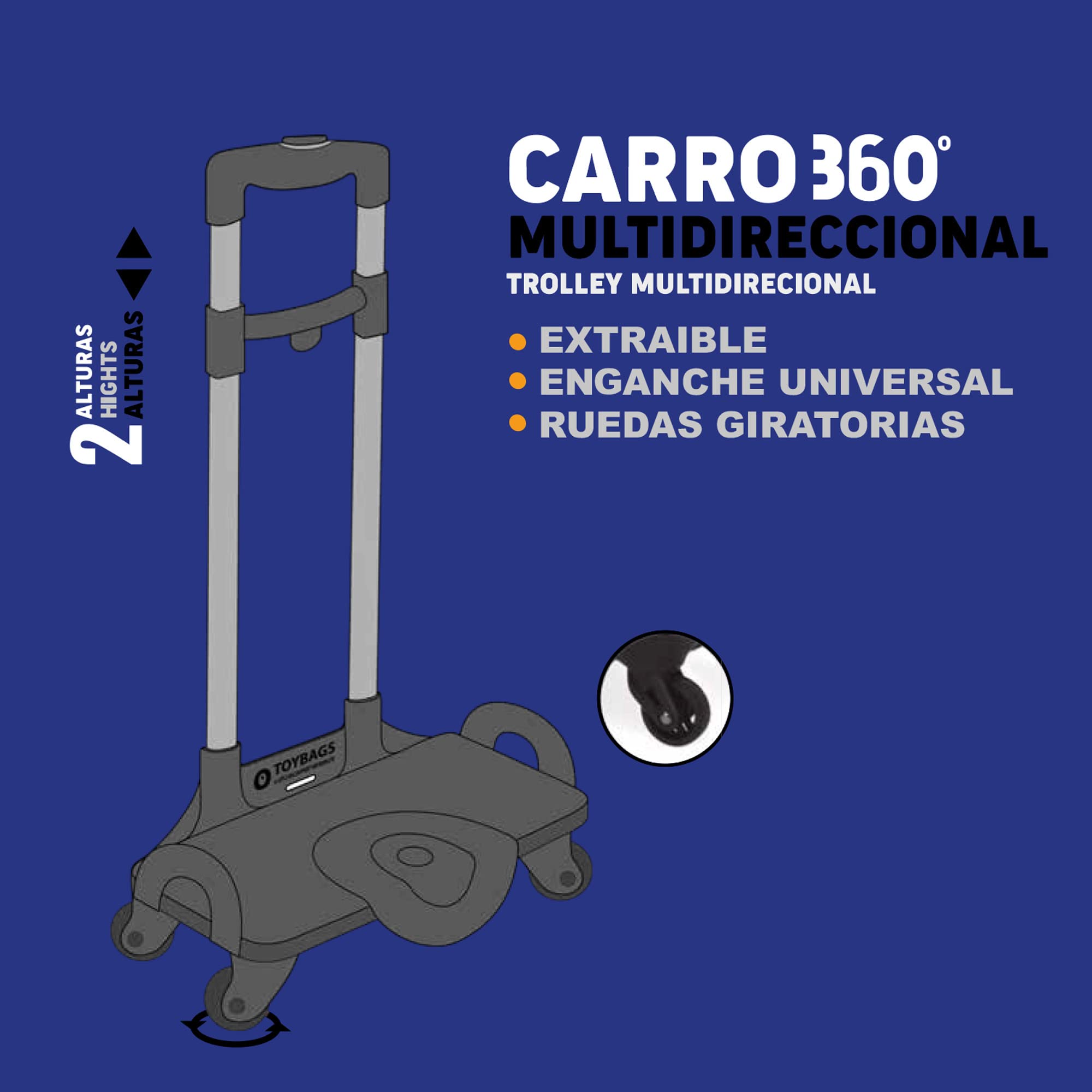 Chariot Toybags Trolley 360 º multidirectionnel - roulettes pivotantes 360 º - comprend butée avant anti-basculement - parties latérales renforcées - s'adapte parfaitement à tout sac à dos - Toybags