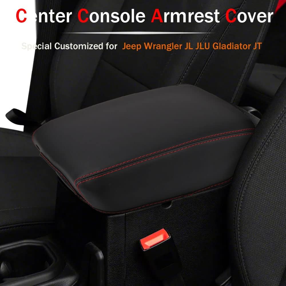 LEXLEY Center Console Leather Cover Armrest Pad Interior Accessories For Jeep 2018 2019 2020 2021 2022 2023 2024 2025 2026 Wrangler JL/JLU,2020-2026 Gladiator JT-Red Stitches