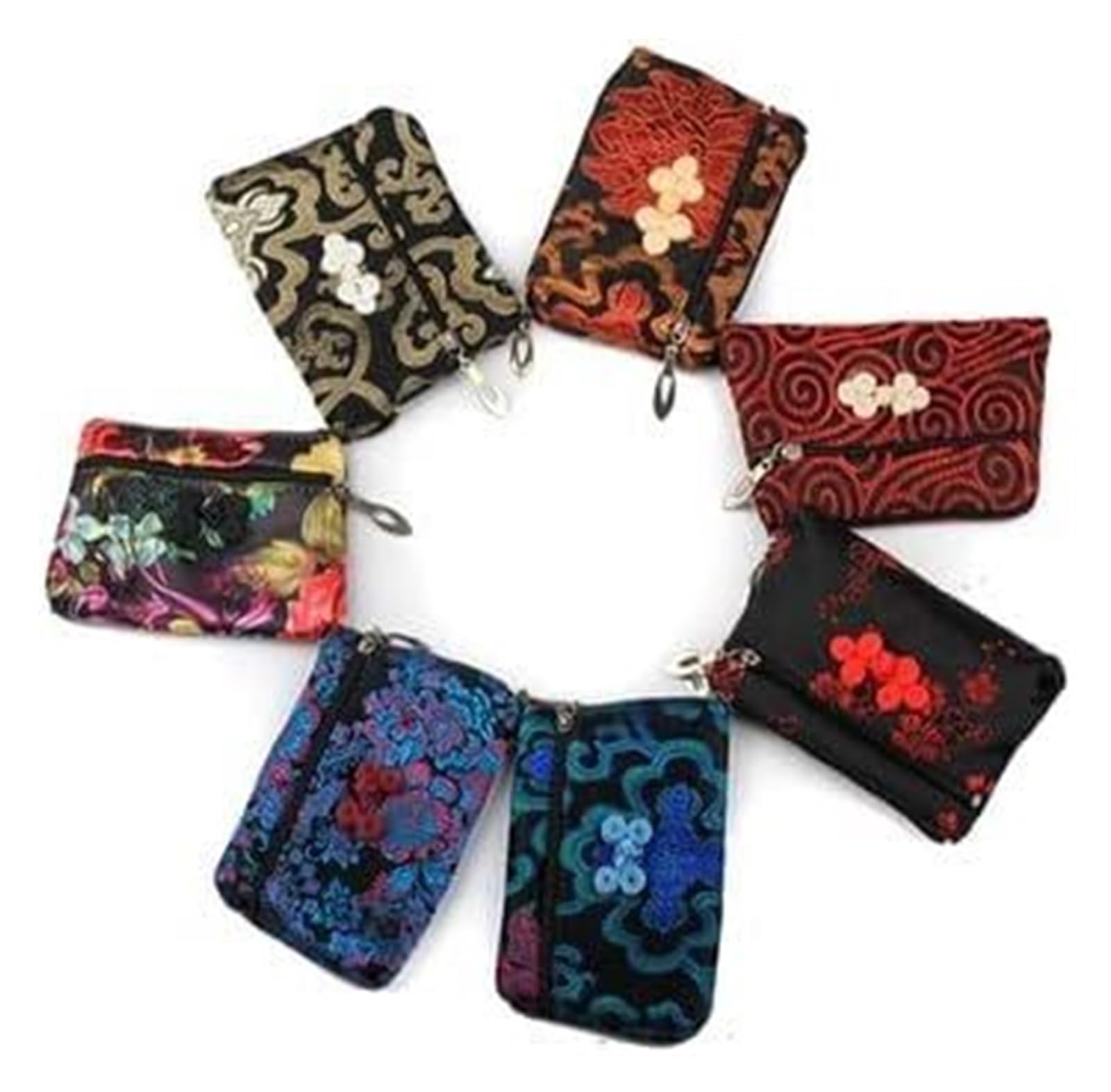 Lot de 2 pochettes en soie brocart avec fermeture éclair pour bracelets, colliers, sacs d'emballage de voyage (gris, motif aléatoire)