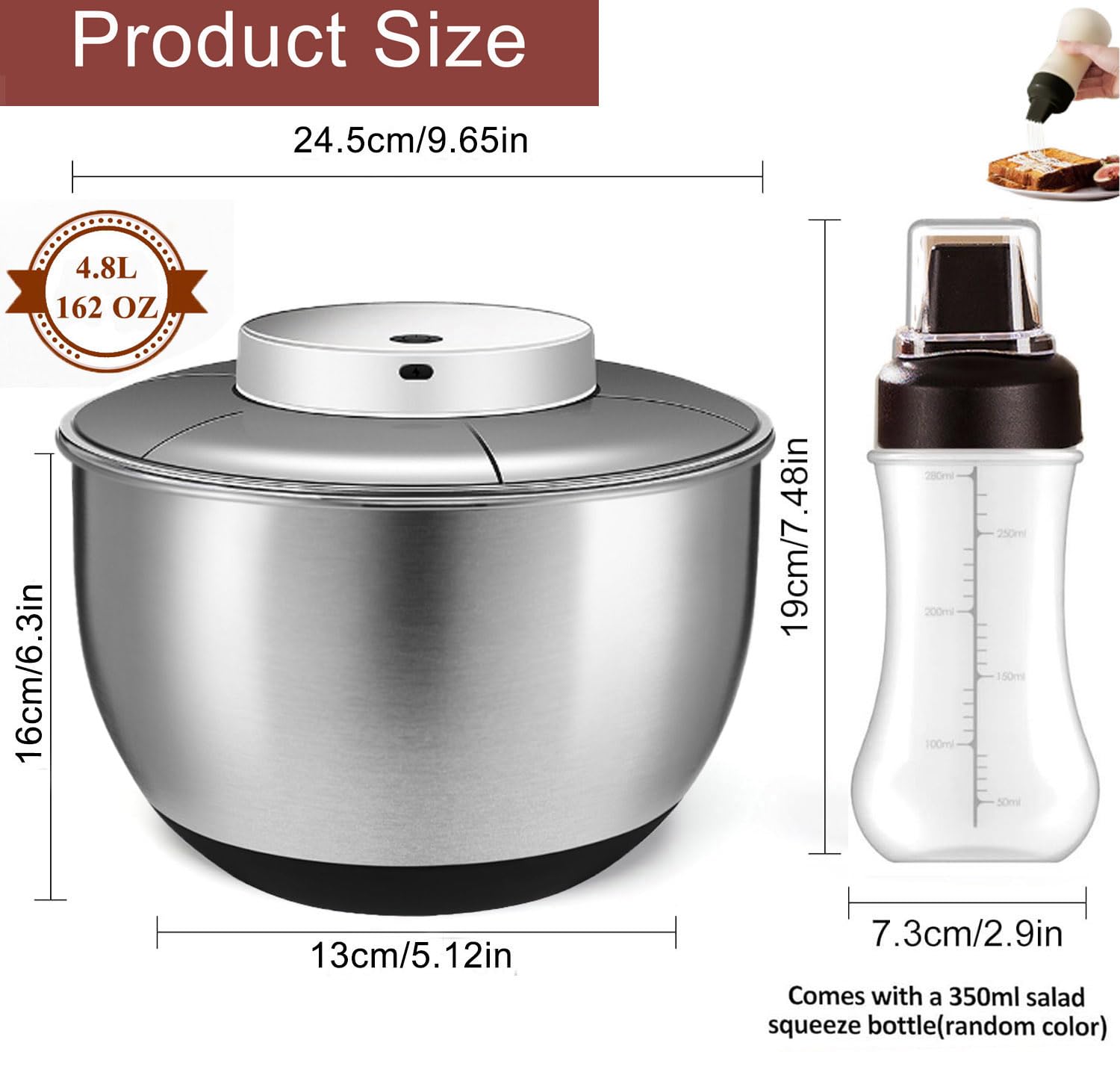 Essoreuse à Salade en Acier Inoxydable avec Couvercle de 4,8 l et Base Antidérapante – Grande Spinner à Salade– Essoreuse à Salade Electrique pour Laitue, Fruits, sans BPA et Passe au Lave-Vaisselle