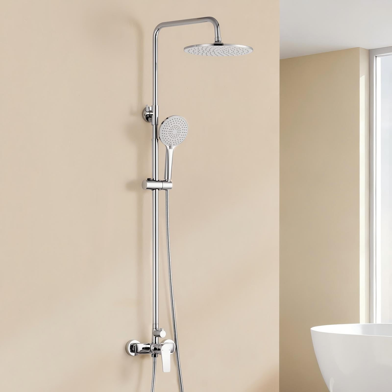Auralum Duscharmatur Komplettset, Duscharmatur Duschsystem duschset Höhenverstellbar 0.9-1.3m, Regendusche mit Armatur Dusche Komplett Duschamaturenset Regendusche mit 3 Funktionen Handbrause, Chrom