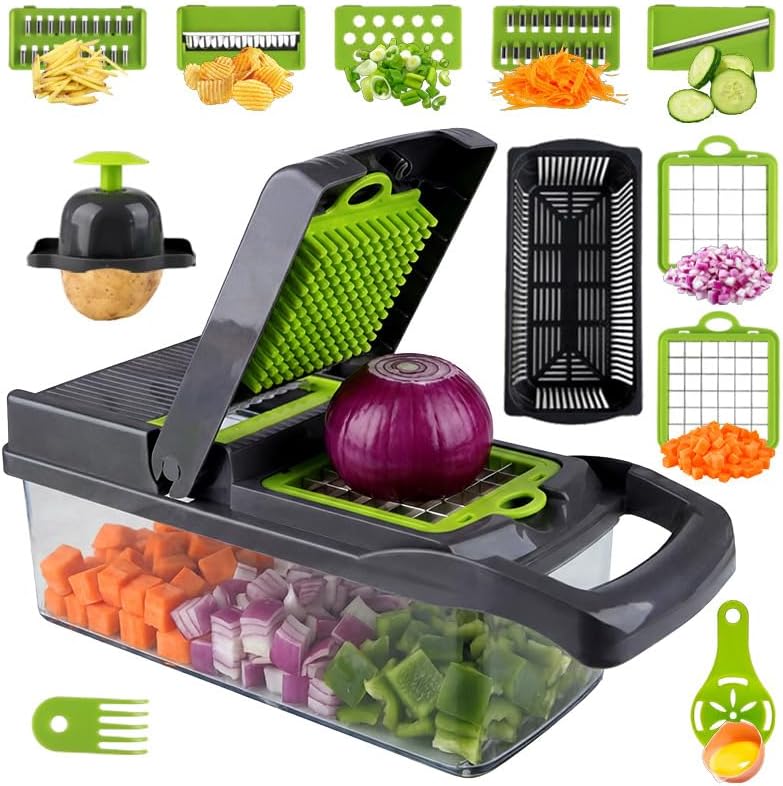 Multifunctional Vegetable Chopper for Kitchen, Manual Food Slicer Dicer Cutter with Drain Basket, Potato Tomato Onion Salad Chopper for Home Cooking