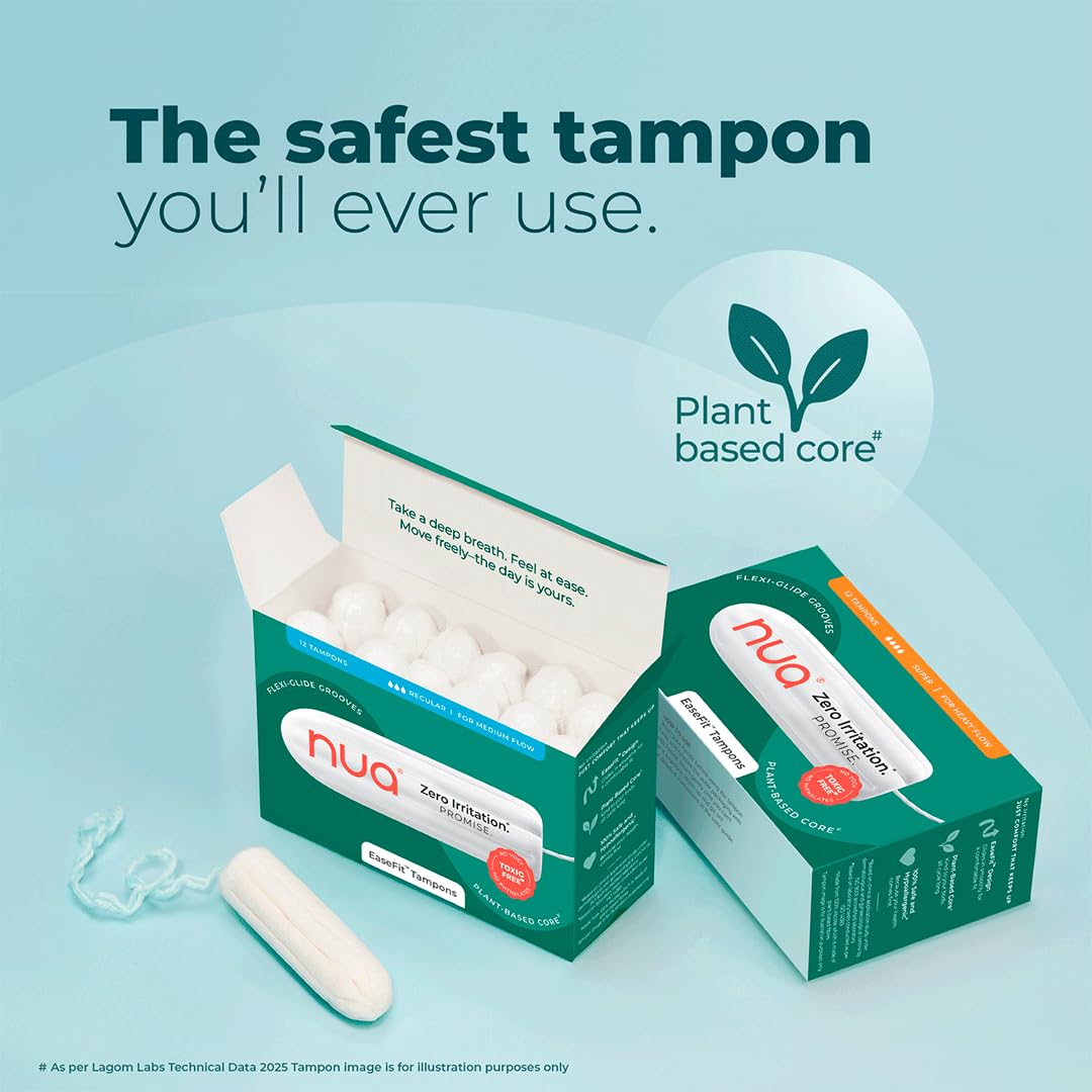 Nua EaseFit Tampons for Medium Flow | 12 Tampons | Gynaecologically Tested | Hypoallergenic | Rapid Absorption Core | Leak-Proof Protection