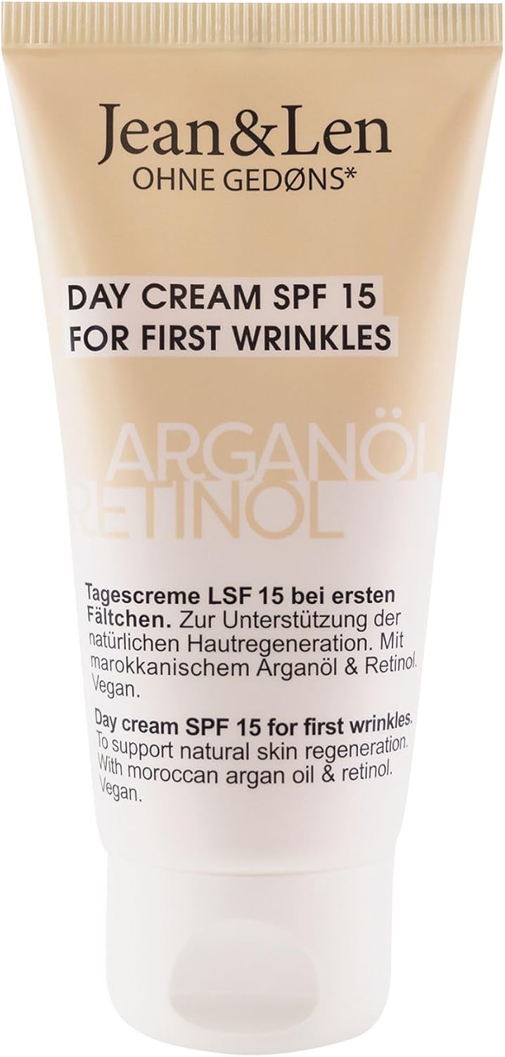 Jean & Len Dagcrème SPF15, arganolie & retinol, voor eerste rimpels, ondersteunt huidregeneratie, met UV-bescherming, zonder parabenen & siliconen, vegan, 50 ml