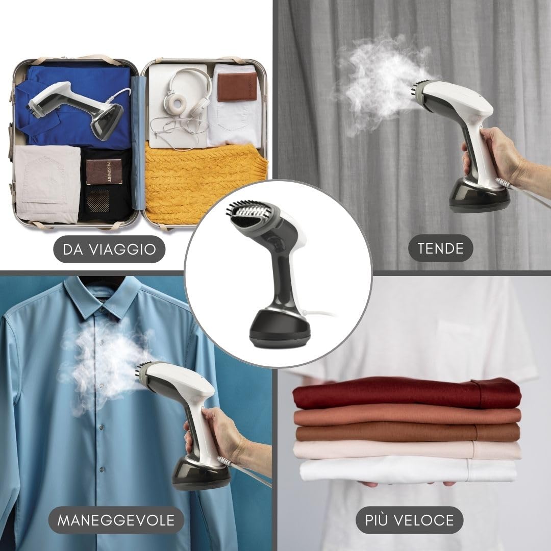 Girmi ST92 Ferro da Stiro Verticale a Vapore da viaggio, Stiratrice,1700 W, Piastra INOX, Capacità 360cc, Funzione Auto-spegnimento, Pronto in 40 sec, Accessori inclusi, Bianco/Grigio