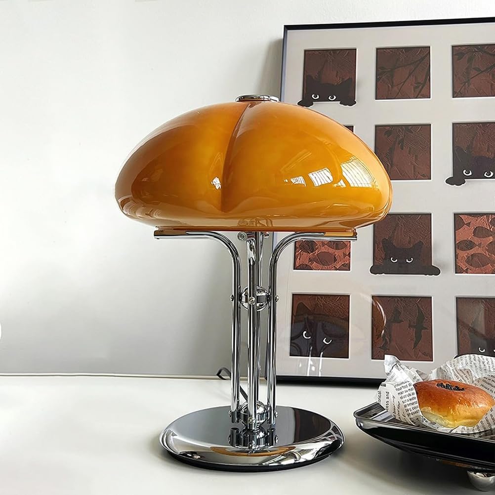 AoLa Pilz Tischlampe mit Kabel, Dimmbar LED Pilz Lampe mit Schalter und USB Stecker Tischleuchte Modern Mushroom Lamp mit Orange Glas Lampenschirm Nachttischlampe für Schlafzimmer Wohnzimmer Deko