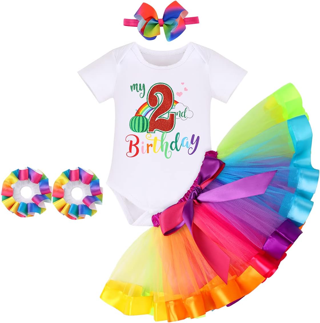 IDOPIPWatermelon 1st Birthday Outfit for Baby Girls Romper Rainbow Tutu Skirt Headband Summer Clothes Cake Smash Photo Shoot