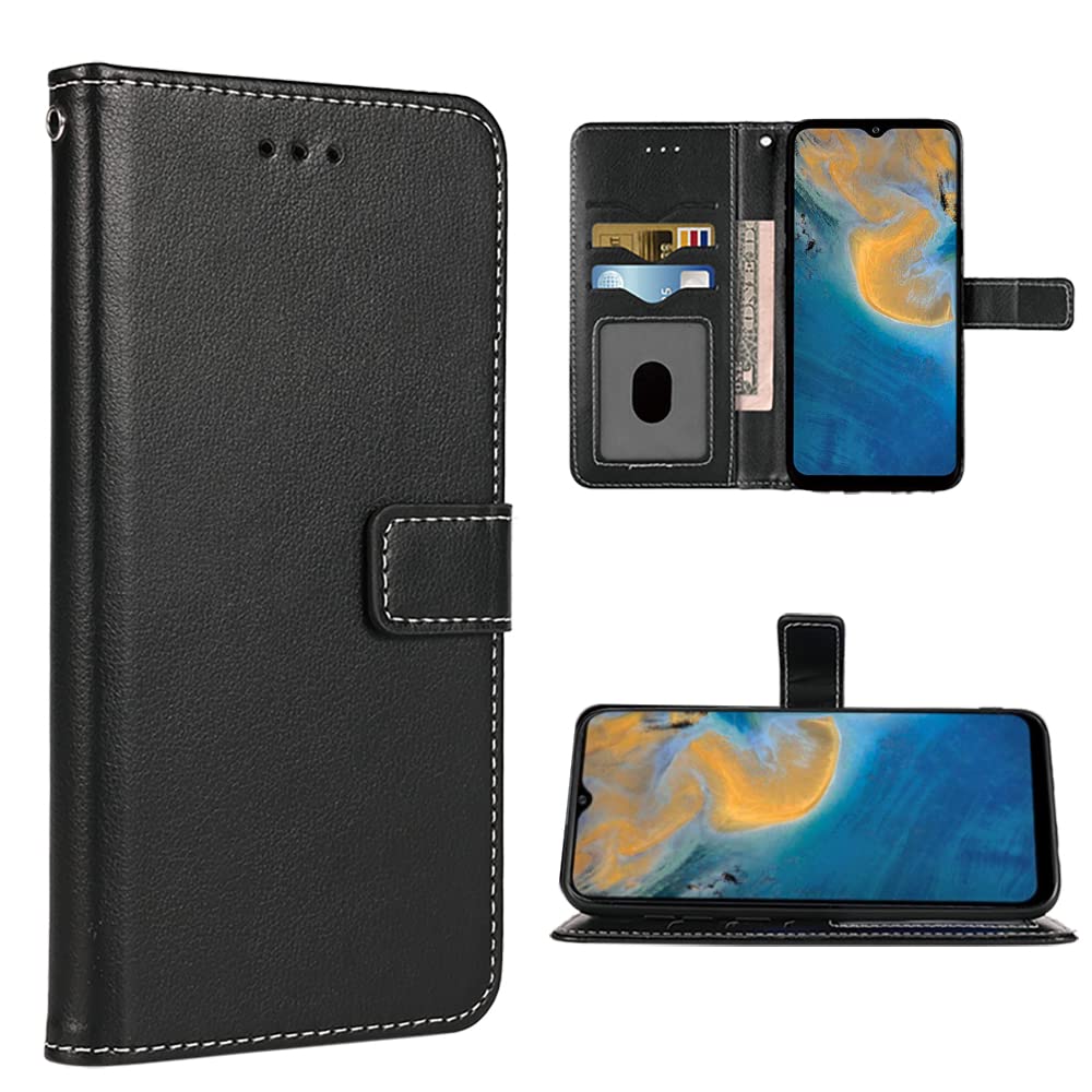 FDCWTSHCompatible with ZTE Blade A51 Wallet Case Wrist Strap Lanyard and Leather Flip Card Holder Stand Cell Accessories Mobile Folio Purse Phone Cover for ZTE BladeA51 2021 Women Men Black