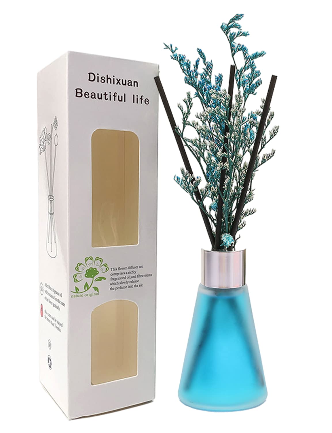 Diffuser Set Reed Rattan Immortal Plant Flower 50ML Conical Refillable Glass Bottle Fireless Aromatherapy Oil Diffuser and Reed Diffuser Stick (blue wind chimes)