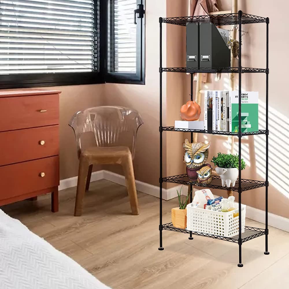 MACRO GLOBE 5-Tiers Carbon Steel Shelving Units, Kitchen Organizer with 6 Hooks, Classic Wire Shelving Units, Multi Use Storage Rack for Home Office, Size 59.10''x 23.60''x 13.80''(Black)