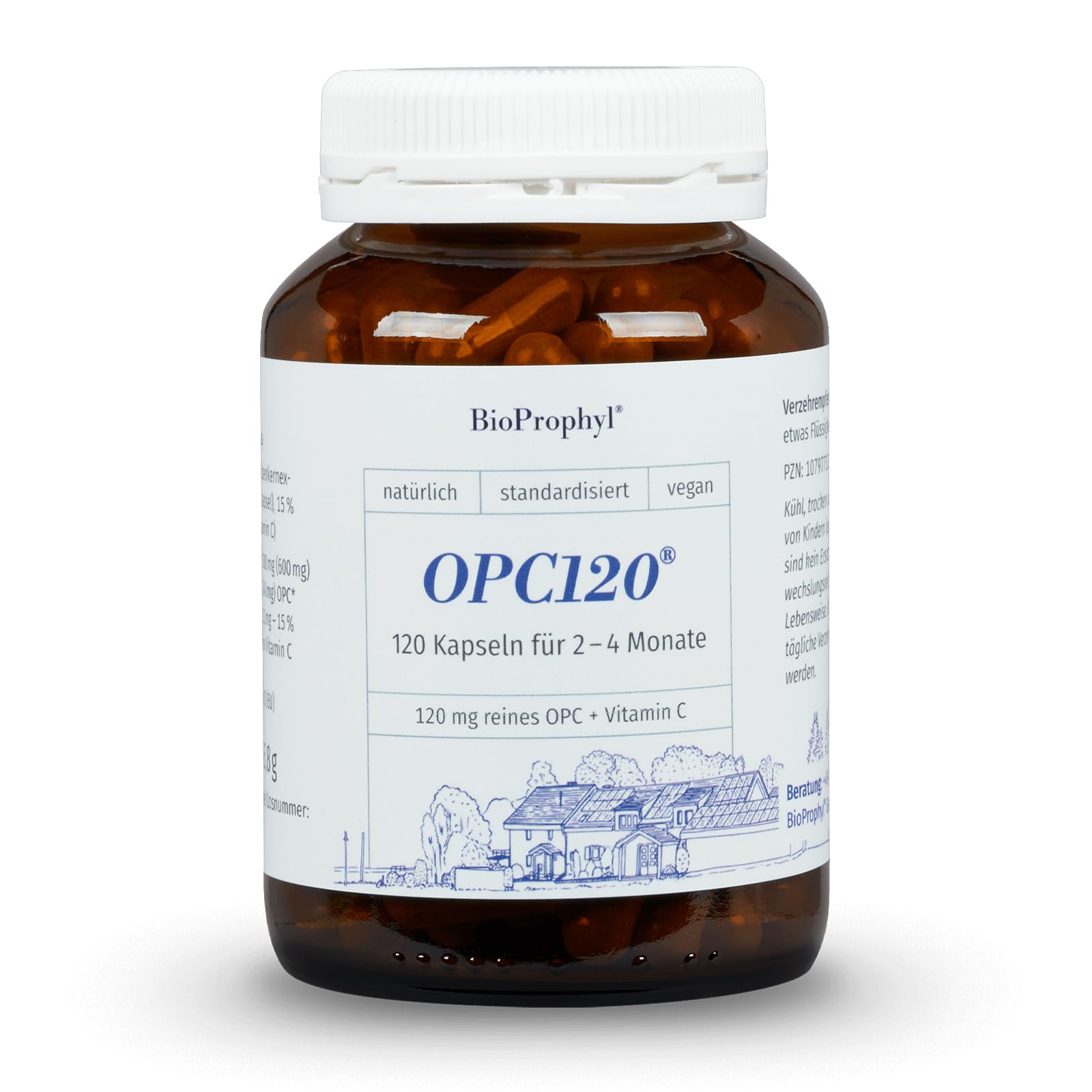 OPC120® plus Acerola - Das Original - 120 mg reines OPC aus 300 mg Traubenkernextrakt ohne Magnesiumstearat - zertifiziert - mit Vitamin C aus der Acerolakirsche - 120 Kapseln