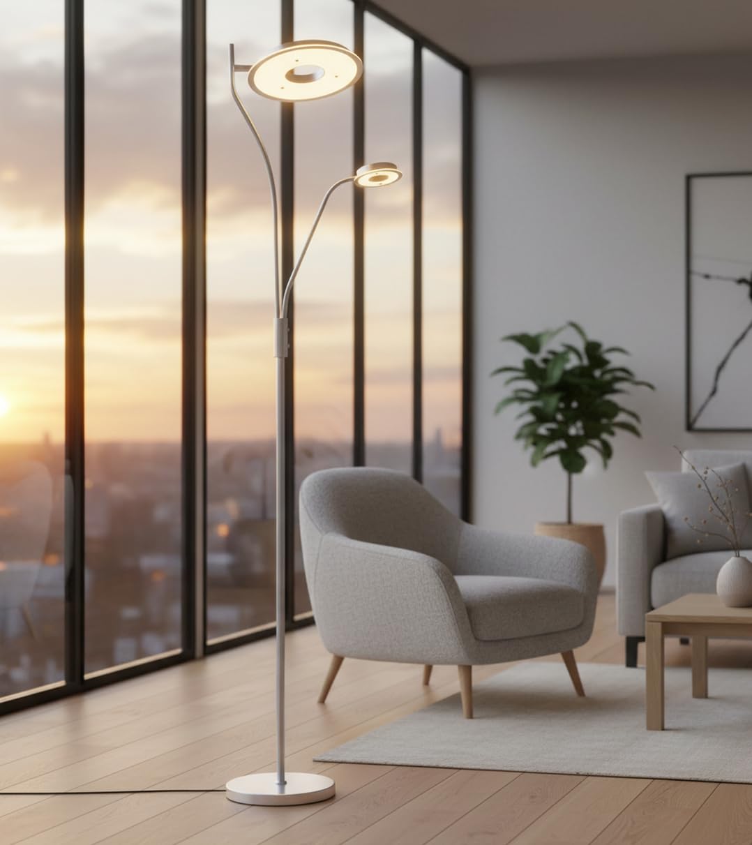 BEL AIR HOME - Lámpara de Pie GENOVA - 179CM Alto LED 28W+7W Dimmer Brazo de Lectura Orientable Luz Ajustable 3000K 4000K 6500K Diseño Moderno Eficiencia Energética (PLATA)