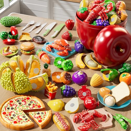 Image of NIPLOOOW Play Food Set for Kids, Toddler Learning Toys, Cutting Food Toy Color Sorting Set, Pretend Food Play Kitchen Accessories for Kids, Birthday Gifts for 3-8 Years old Boys Girls Educational Toys