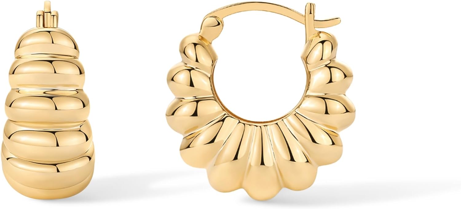 PAVOI 14K Gold Plated Chunky Croissant Ribbed Retro Hoop Earrings for Women | Gold Statement Earring Pair
