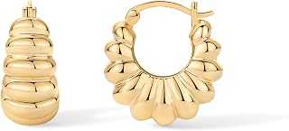 14K Gold Plated Ribbed Hoop Earrings for Women - Chunky Ridge Statement Earrings - Boho Puffy Croissant Huggie Hoops Trendy Gold Jewelry