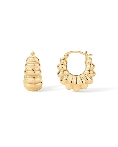 PAVOI 14K Gold Plated Ribbed Hoop Earrings for Women, Chunky Ridged Earring | Chunky Ridge Statement Earrings - Boho Puffy Croissant Huggie Hoops Trendy Gold Jewelry