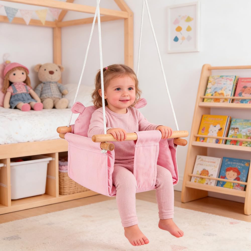Columpio de Madera para Bebé, Columpio para Niños Osos, a partir de 6 Meses, Instalación Interior/Exterior, Carga Max 25 kg (Rosa)