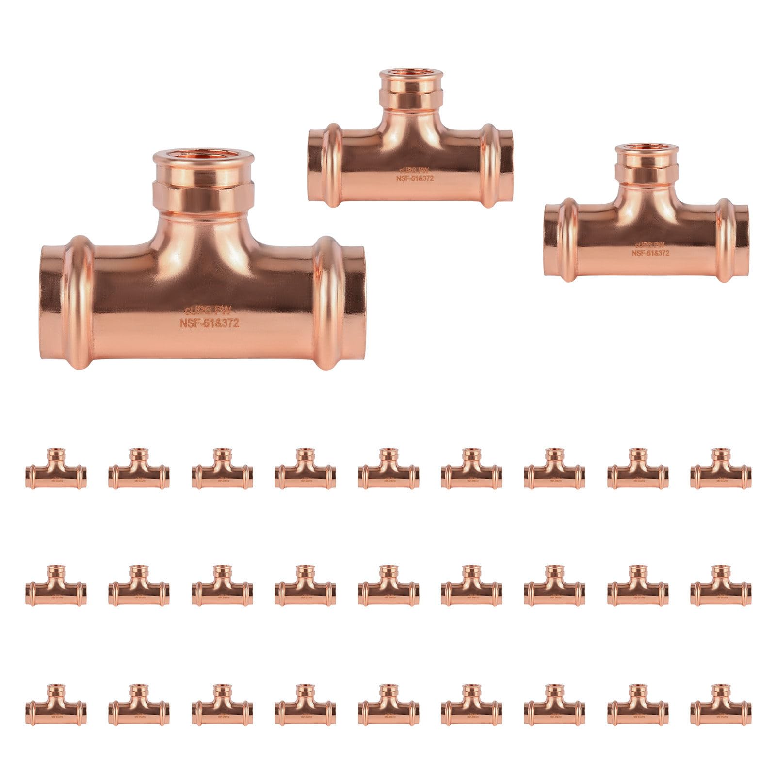 Paquete de 30 Conectores en T Hembra de Cobre prensado GUOFIS, 1-1/4" x 1-1/4" x 1/2" (P x P x FPT) con Rosca Hembra para tuberías de plomería.