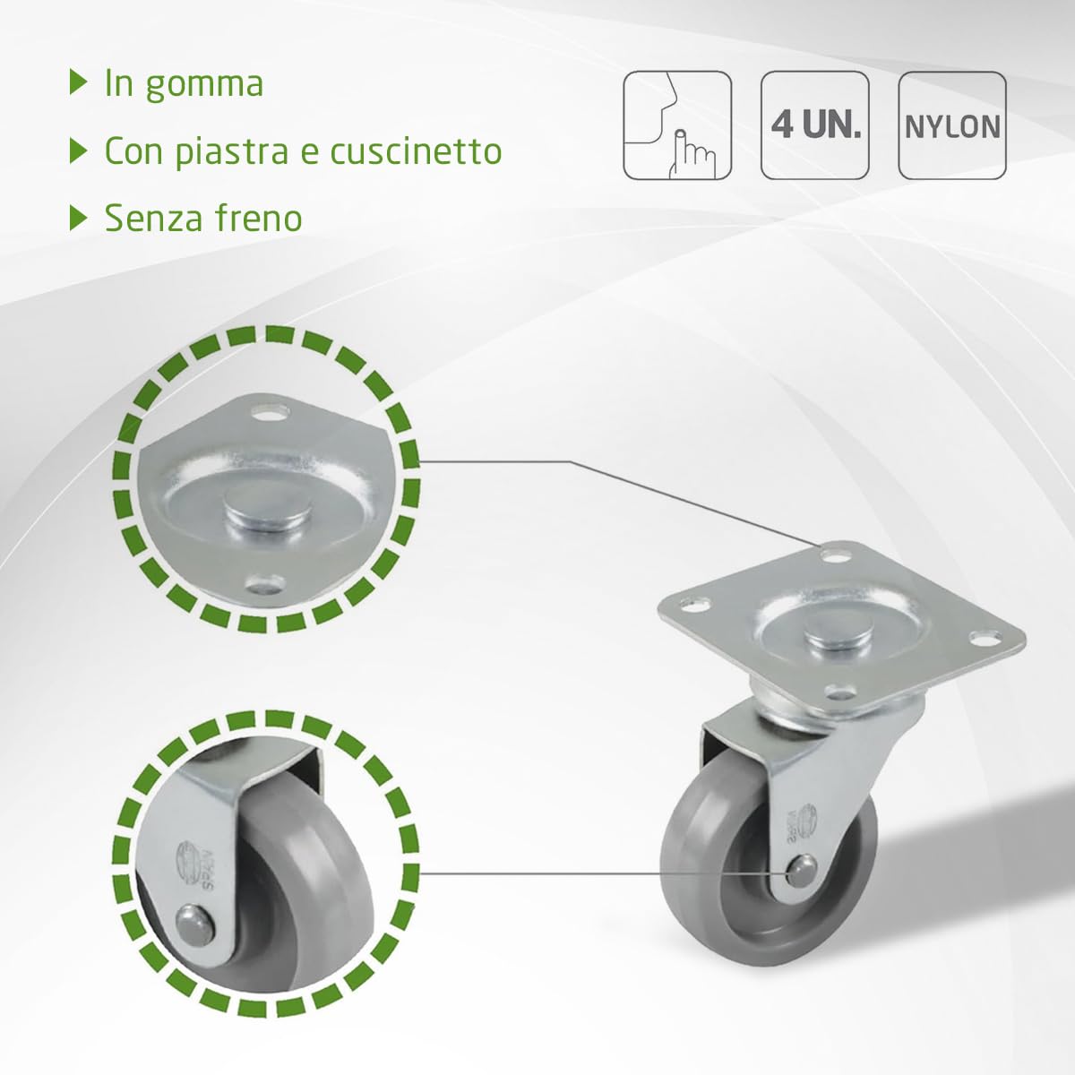 Amig - Pacco di 4 ruote per mobili mod. 2500 con piastra e cuscinetti. Misura: diametro 40 mm. Carico massimo per ruota: 22 kg. Realizzate in nylon, colore grigio, senza freno.