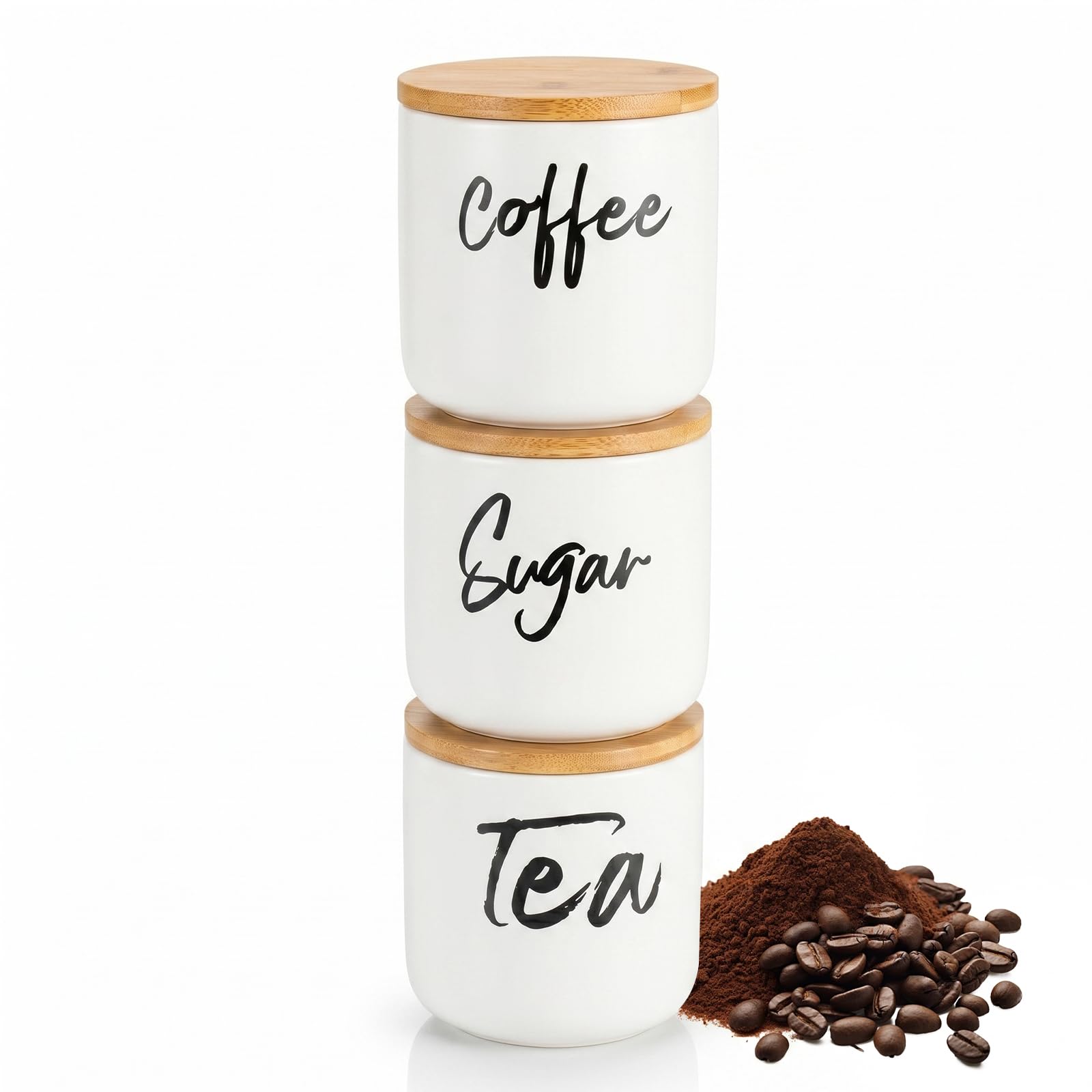 EVERGOODS Storage Jars & Canisters 3-Piece Kitchen Storage Jars with Wooden Lids – Tea, Coffee & Sugar Canisters, Airtight Steel Containers, Stackable Kitchen Storage Tins (White)