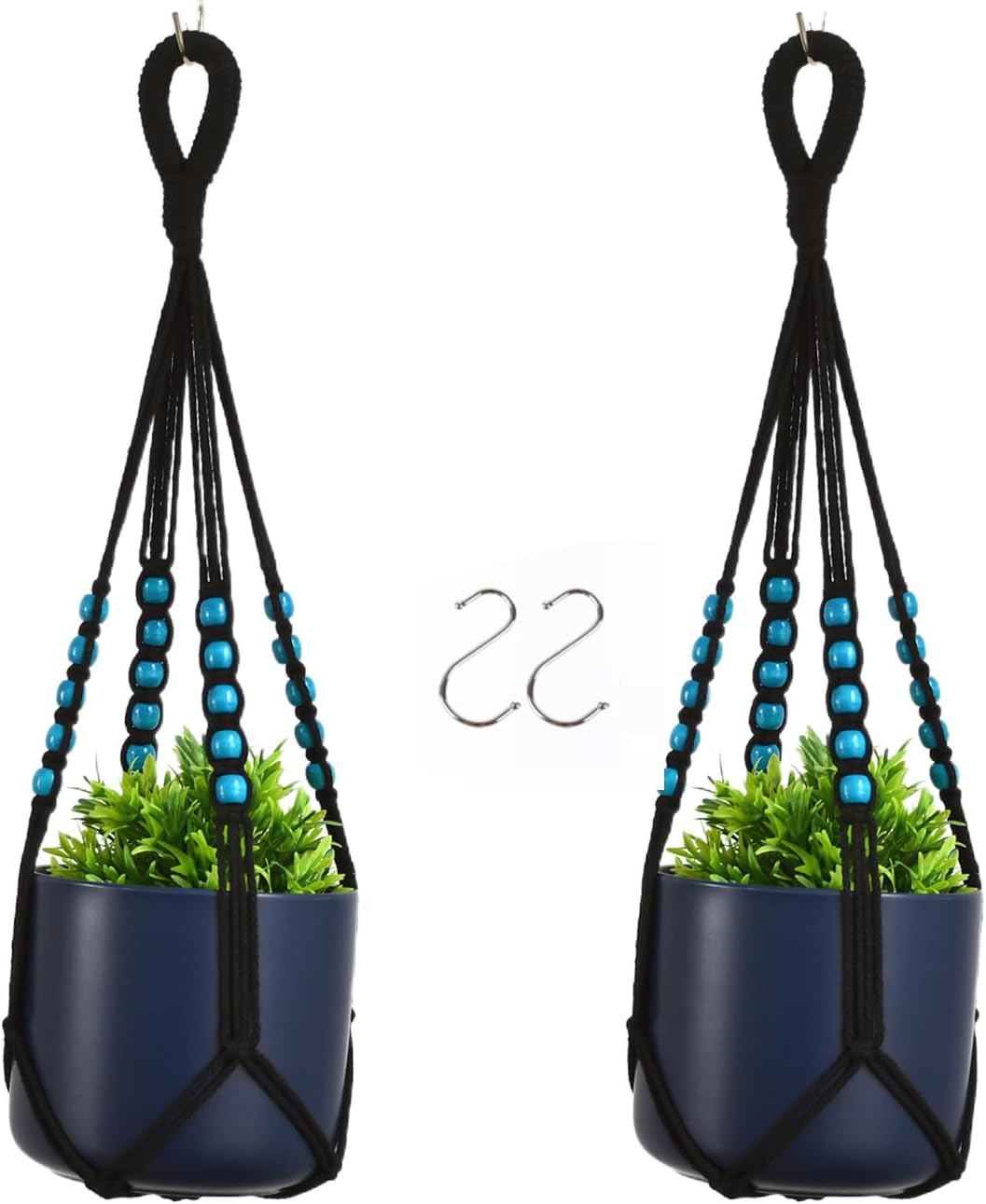 2-Pack Macrame Plant Hanger with Wooden Beads, Boho Style, Black Color, Short Size for Small Pot, Indoor Hanging Planter Black Length: 20" (No Pot and Plant Included)