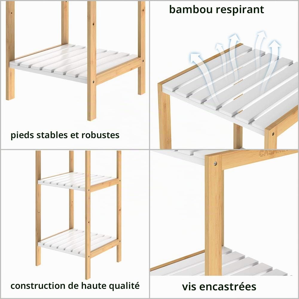 Casaria Étagère en Bambou 3 Niveaux Meuble de Rangement avec tablettes Blanches Charge Max. 30 kg Maison intérieur Salle de Bain
