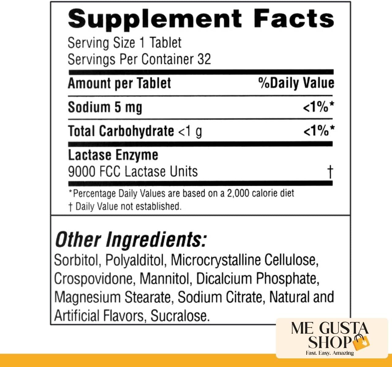 Equate Fast Acting Dairy Relief Lactase Enzyme Dietary Supplement Vanilla Flavor chewables Tablets 32 Count (Pack of 01) + Me Gustas Sticker : Health & Household