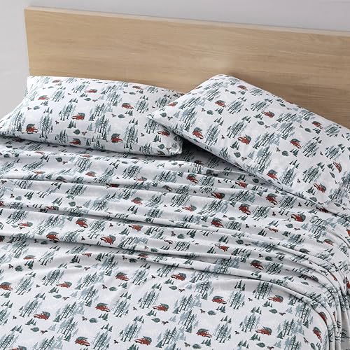 Image of Eddie Bauer - Flannel Sheets King Size, Anti-Pilling & Wrinkle Resistant Cotton, Touchably Soft for All-Season Comfort - Bed Sheets with Matching Pillowcase & Fitted Sheet (Deer Hollow Green)