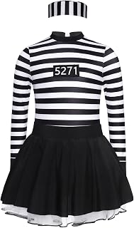 Girls Black And White Striped Prisoner Costume 2 Pcs Cute A-line Dress And Hat Set Halloween Fancy Dress