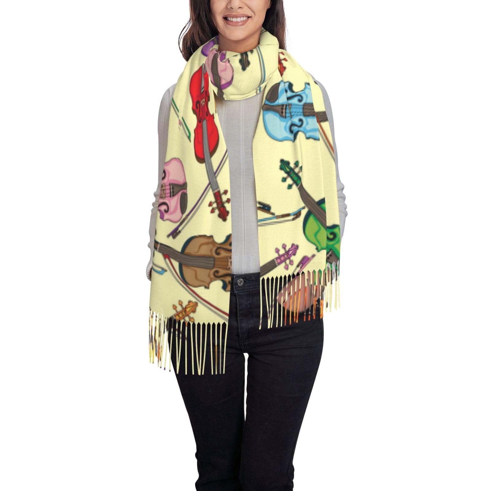 Poadnly Unisex As Picture Violin Music Note, Large Soft Cashmere Feel Shawls Wraps Women Fringed Scarf Light Stole 197X72 Cm