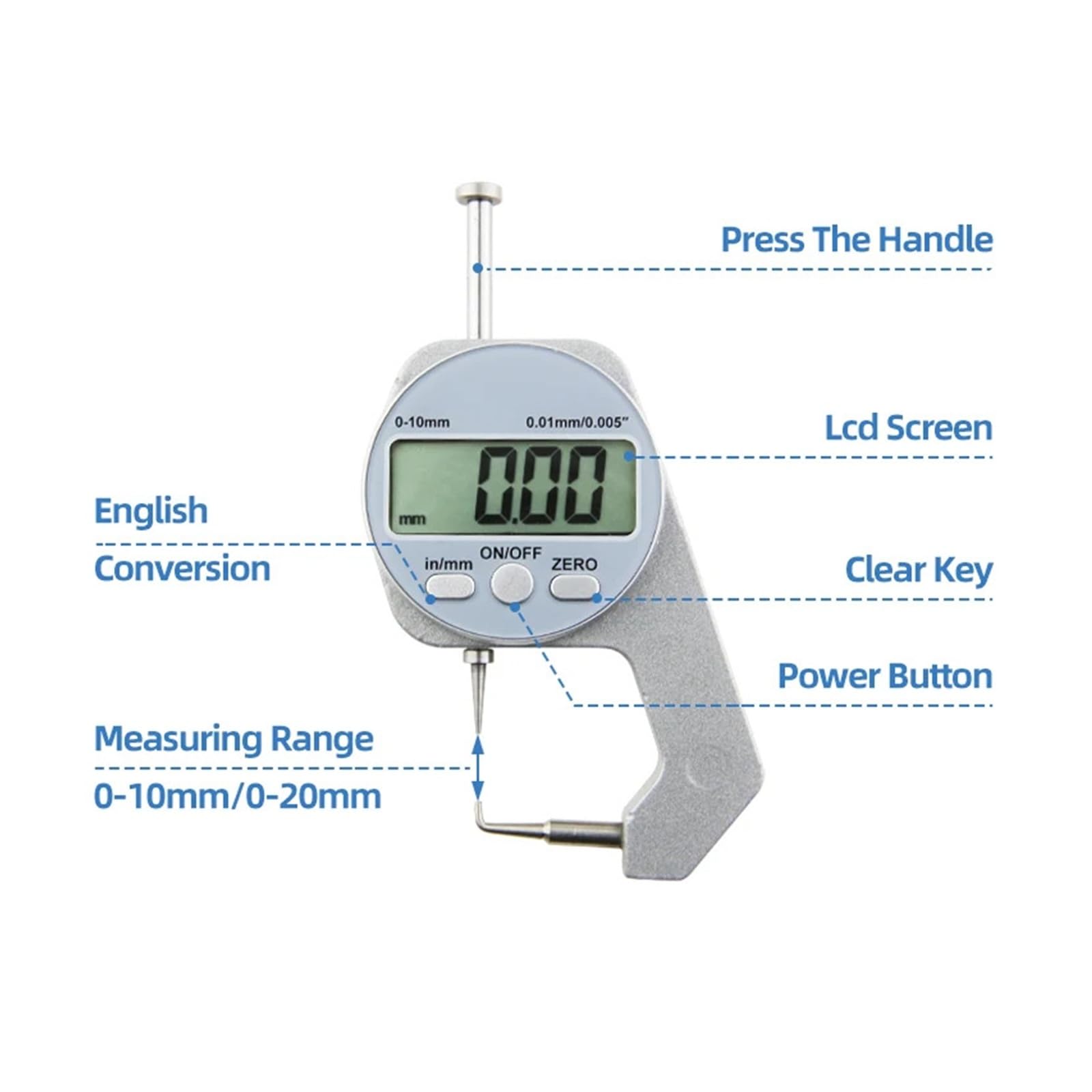 Medidor de espesor con pantalla digital, micrómetro electrónico LCD de aleación de zinc, herramientas métricas de medición de espesor de pared de 0-10/20 mm Alta Sensibilidad(0-20mm B Thickness)